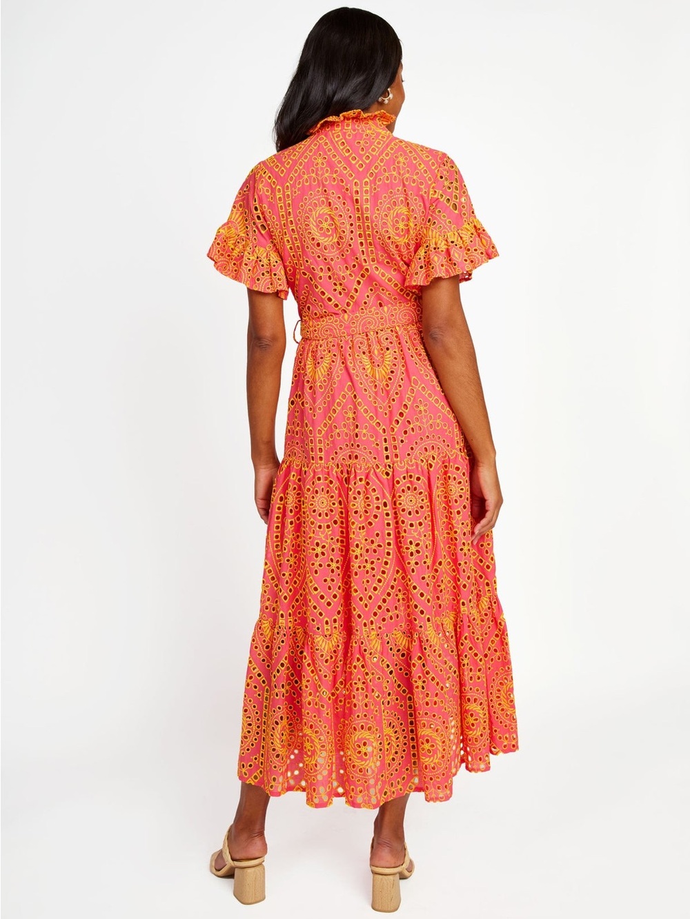 NWT Abbey Glass Sadie Maxi Dress Coral and Yellow Eyelet Sz L - Picture 4 of 13